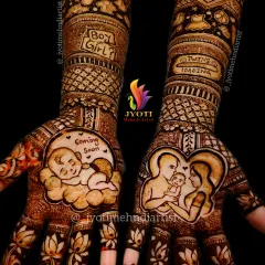 My course teaches you to go beyond traditional designs. You will learn to create unique, themed mehndi for special occasions like this detailed baby shower design, featuring portraits, text, and charming baby-related motifs.