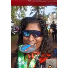 I love seeing the results of our hard work. Here I am on a video call with a team member proudly biting her finisher medal after completing a grueling 60k ultra race in Goa.