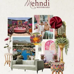 A Mehendi mood board that brings together all the elements of a colorful sundowner event. It shows how I translate a vision, from fabrics and furniture to the final decor, into a cohesive plan.