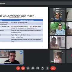 An online session in progress, discussing the difference between a functional and aesthetic approach to asana. Our interactive virtual classroom ensures that online participants receive the same depth of knowledge.