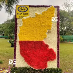 I created this large-scale map of Karnataka using our state's iconic red and yellow colors, crafted entirely from fresh flowers. This piece was a celebration of regional pride and a demonstration of intricate floral design on a massive scale.