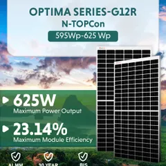 Our OPTIMA SERIES-G12R N-TOPCon module represents the next level in solar performance. It delivers up to 625W of power with a maximum module efficiency of 23.14%, backed by ALMM and BIS certifications and a 30-year warranty for long-term project bankability.