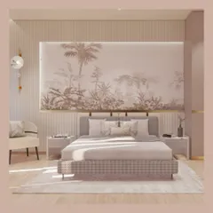 This bedroom design is a breath of fresh air, featuring soft neutral tones, a botanical mural, and a gingham-upholstered bed. The fluted wall panels and brass accents add a touch of refined, understated luxury.