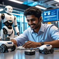 We spark genuine excitement and innovation within your team. An employee engages with a mobile robot, learning the fundamentals of automation and AI in a hands-on environment.