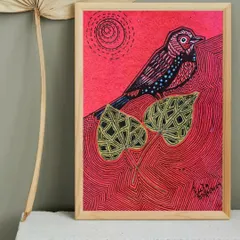 This artwork by Puja Kumari, from her "VIBING with NATURE" exhibition, incorporates preserved dried leaves into the composition. Her unique style combines pen and ink drawing with natural elements to create stunning, eco-conscious art.