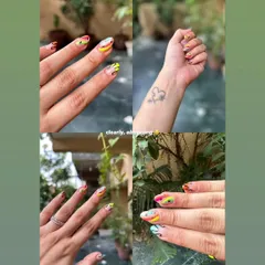 A collage showing different angles of a playful and colorful abstract nail art design with bright hues and black lines.