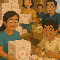 This sweet illustration captures the heart of my business. It shows my team and me working together, packing each gift box with care and a smile, ready to be sent out for a special occasion.