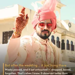 For the Grooms Too! After the wedding, this stunning sherwani just sat in the closet, its story forgotten. The groom made a smart choice to list it, letting it live on and earn for him. Yes, we help grooms turn their wedding wear into cash too.