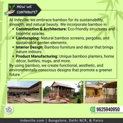 This graphic outlines how I contribute to a greener future. I incorporate bamboo across all my services, including large-scale construction, landscape design, interior furnishings, and even small product manufacturing.
