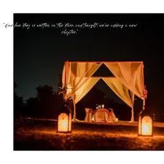 We can set up a dream-like candlelight dinner for your pre-wedding shoot. This image captures the beautiful, romantic ambiance of a private dinner setting under the stars.