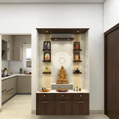 A contemporary pooja unit set in an alcove, featuring a marble-top base with drawers and backlit panels flanking shelves for deities.