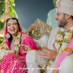 "To infinity and beyond." A candid moment of laughter between the bride and groom during their ceremony, captured in a cinematic, poster-style format.