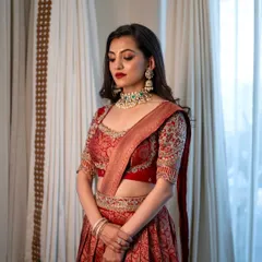 Another angle of this stunning red lehenga look, showing how the makeup complements the intricate embroidery of the outfit.