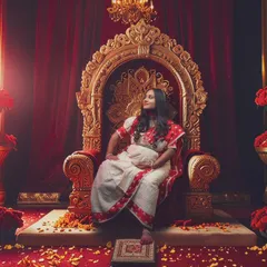 Here we are with a shot from our Durga-themed maternity series. This image captures the divinity and power every expecting mother embodies, seated on a royal throne.