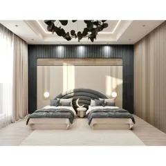 A sophisticated shared kids' room with two separate beds under a beautifully designed ceiling with a modern floral chandelier. The symmetrical layout provides each child with their own personal space.