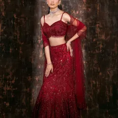 A complete look at a contemporary red lehenga, demonstrating how we capture the outfit's structure and flow for a brand's lookbook.