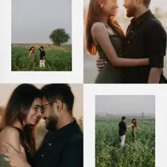 This collage captures the warm, golden hour light during a pre-wedding shoot in a lush green field. It shows a mix of playful, wide shots and intimate, close-up portraits, showcasing the couple's love story.