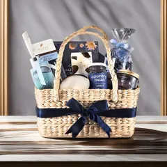 This beautiful wicker basket is filled with a selection of blue-themed goodies, including an ocean-scented candle and berry-flavored treats, offering a unique and refreshing take on Diwali gifting.