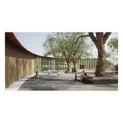 A street-level view from the 18th-century palace renewal project, showing a new public courtyard shaded by existing trees. The design aims to create a comfortable and engaging environment for community activities like markets and restaurants.