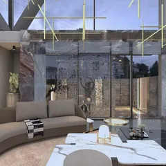 This double-height living room embodies opulence. We used bookmatched marble slabs to create a dramatic feature wall, while our custom-designed brass lighting grid descends from the ceiling, illuminating the space and our in-house manufactured curved sofa.