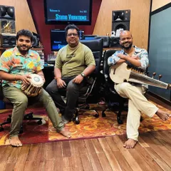 A productive session at Studio Vibrations with Soumik Datta da and Goutam da. This is a typical scene from a multi-day recording project, involving intense brainstorming and creative work.
