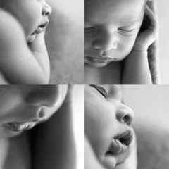 A collage of black and white macro shots, capturing the little things you'll never want to forget: tiny lips, curled fingers, and sleepy eyes. These details tell the story of their first days.