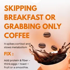 Mistake 1: Skipping breakfast or only having coffee. This spikes cortisol and slows your metabolism. The fix is simple: add protein and fiber with options like eggs, toast, and fruit.