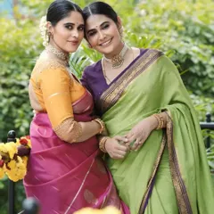 A lovely photoshoot with two sisters in traditional sarees. I created complementary makeup looks for them that enhanced their natural beauty, focusing on clean skin and soft definition for a timeless family portrait.