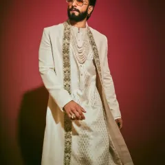 Another angle of the Ranveer Singh-inspired outfit, showcasing the detailed embroidery on the lapels.