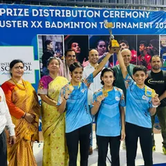 The team celebrating their CBSE tournament victory. Lifting the trophy together shows the strong team spirit we build at the academy.