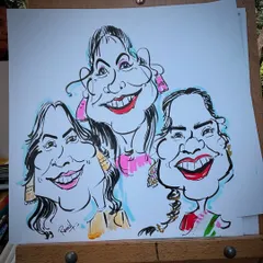 A vibrant caricature of three ladies, with pops of color that bring out their cheerful personalities.