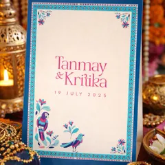 For Tanmay and Kritika, we created this vibrant invitation using a unique color palette of blues and pinks. The design features custom bird illustrations and a protective evil eye border, reflecting their personalities and journey together.