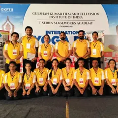 Our team of dedicated yoga trainers at the International Yoga Day event hosted by T-Series and the Gulshan Kumar Film and Television Institute of India. We are proud to spread the message of yoga.