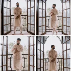 A collage of the groom getting ready, showcasing his elegant ethnic wear. The different poses capture his style and anticipation for the day ahead.