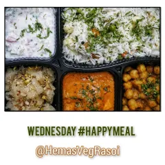 This Wednesday Happy Meal featured a comforting Veg Pulav with Raita, hearty Chole, rich Paneer Lababdar, and a delightful dry fruit sheera to finish.