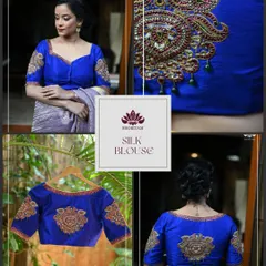 A collage showcasing our royal blue silk blouse. It features intricate Zardosi embroidery on the sleeves and a beautiful motif on the back, making it perfect for a bridal trousseau.