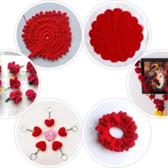 A collage celebrating the color red for the third day of Navratri. It features my red hibiscus flowers, a heart keychain, a scrunchie, and a garland, all handmade by me.