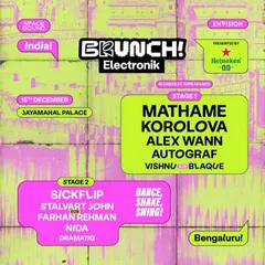 On the main stage lineup for the India debut of Brunch! Electronik alongside heavyweights like Mathame and Korolova. This poster shows the caliber of international electronic music events I'm a part of.