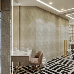 A luxurious walk-in closet with a bold black and white geometric floor. The design includes a marble-topped vanity and custom wardrobe doors with a unique 3D pattern.