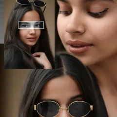 A creative collage focusing on the details of the look, from the sharp eyes to the stylish sunglasses. This format is great for highlighting accessories and the overall mood of a fashion shoot.