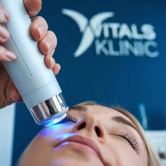 This image captures a glow-enhancing treatment in progress. Using advanced technology, we can target dullness and bring out your skin's natural luminosity for a vibrant, healthy radiance.
