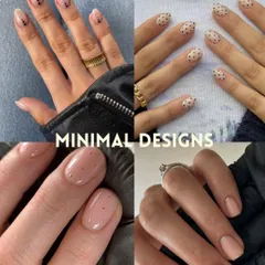 A showcase of refined and timeless minimal designs. This collage features various nude nails with simple yet elegant details like tiny dots, thin lines, and subtle metallic accents.