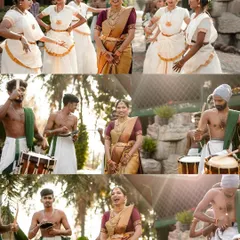 A collage capturing the vibrant energy of a traditional Kerala-style wedding procession, complete with Chenda Melam drummers and dancers.