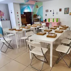 A look at our studio fatores set up for an art party. The space is clean, bright, and ready for a crowd of creators. We can configure the tables to suit any group size.
