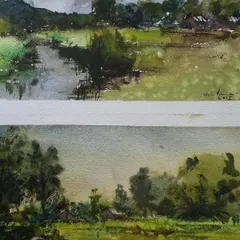 Two quick landscape sketches I did in watercolor on paper. Landscape painting is not easy and requires a lot of practice, especially for someone like me who usually paints cityscapes.