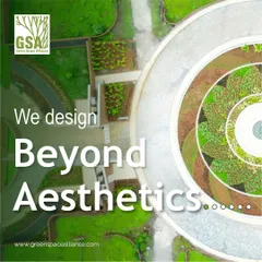 A graphic stating "We design Beyond Aesthetics," set against an aerial view of a geometrically patterned landscape. This reinforces our commitment to creating spaces that enhance human well-being, environmental health, and community engagement.