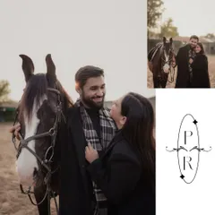 A collage from the horse-themed photoshoot, showing the couple interacting with the horse and each other. It captures their shared love for animals and their romantic connection.