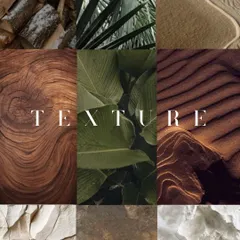 Texture is the feeling of a space. This mood board explores different natural textures like wood, sand, stone, and foliage that we draw inspiration from to add depth, warmth, and personality to our interiors.