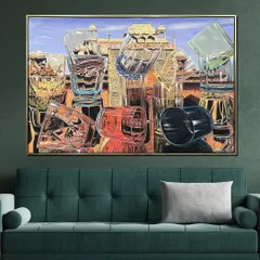 This striking hand-painted piece, 'Architectural Illusion', seamlessly blends the delicate beauty of glassware with the grandeur of classical architecture. It's a unique and thought-provoking work of art.