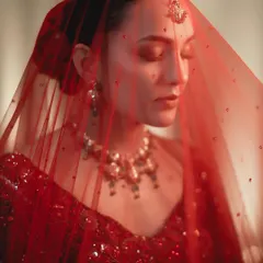 A dreamy, artistic shot of Simran through her red veil. The focus is on the mood and the beautiful color.